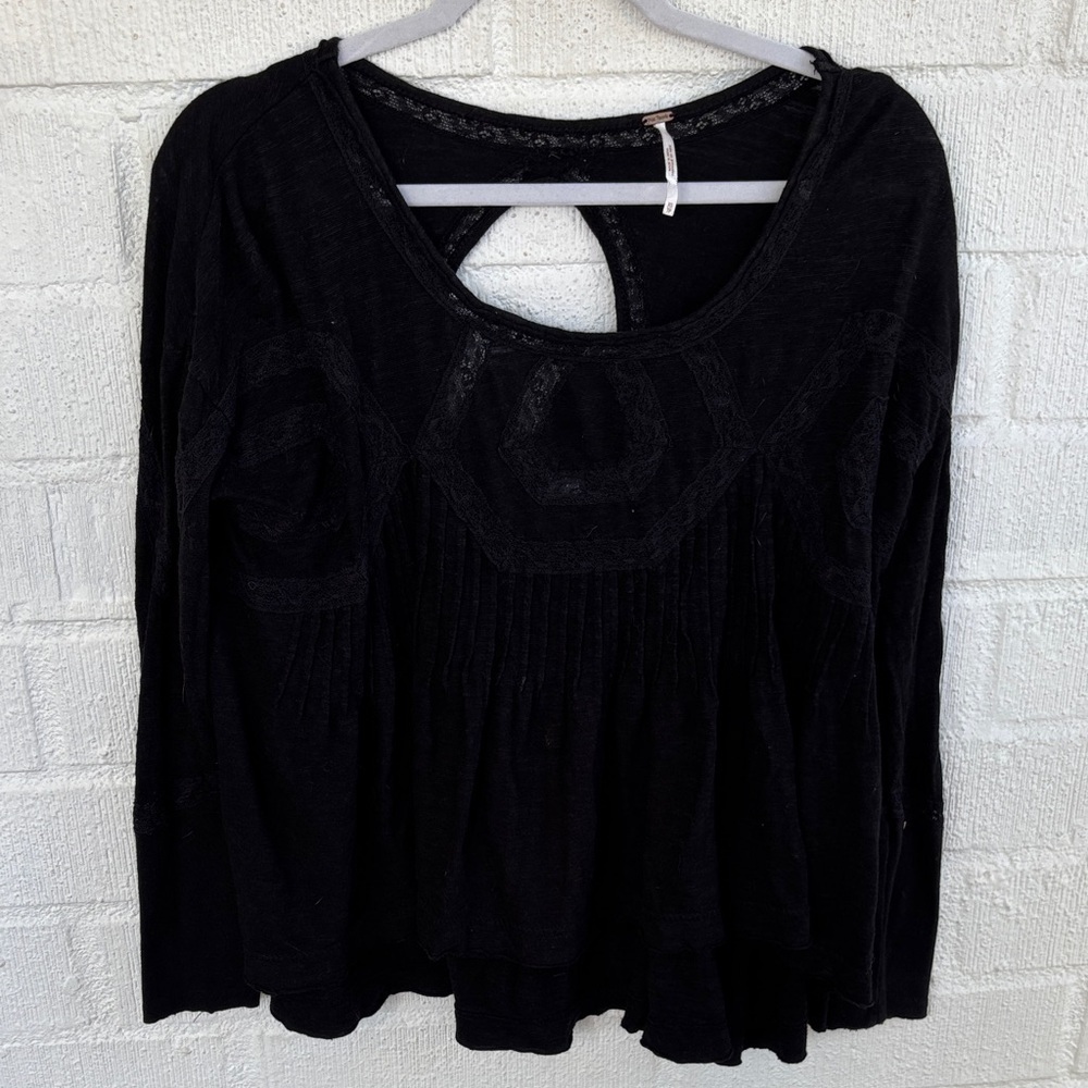 Free People Lace Hope Babydoll Cut Out Long Sleeve Black Blouse sz XS